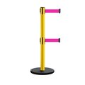 Montour Line Retractable Belt Dbl Rolling Stanchion, 2.5ft Yellow Post  9ft. Fl.Pnk MSE630D-YW-FPK-90